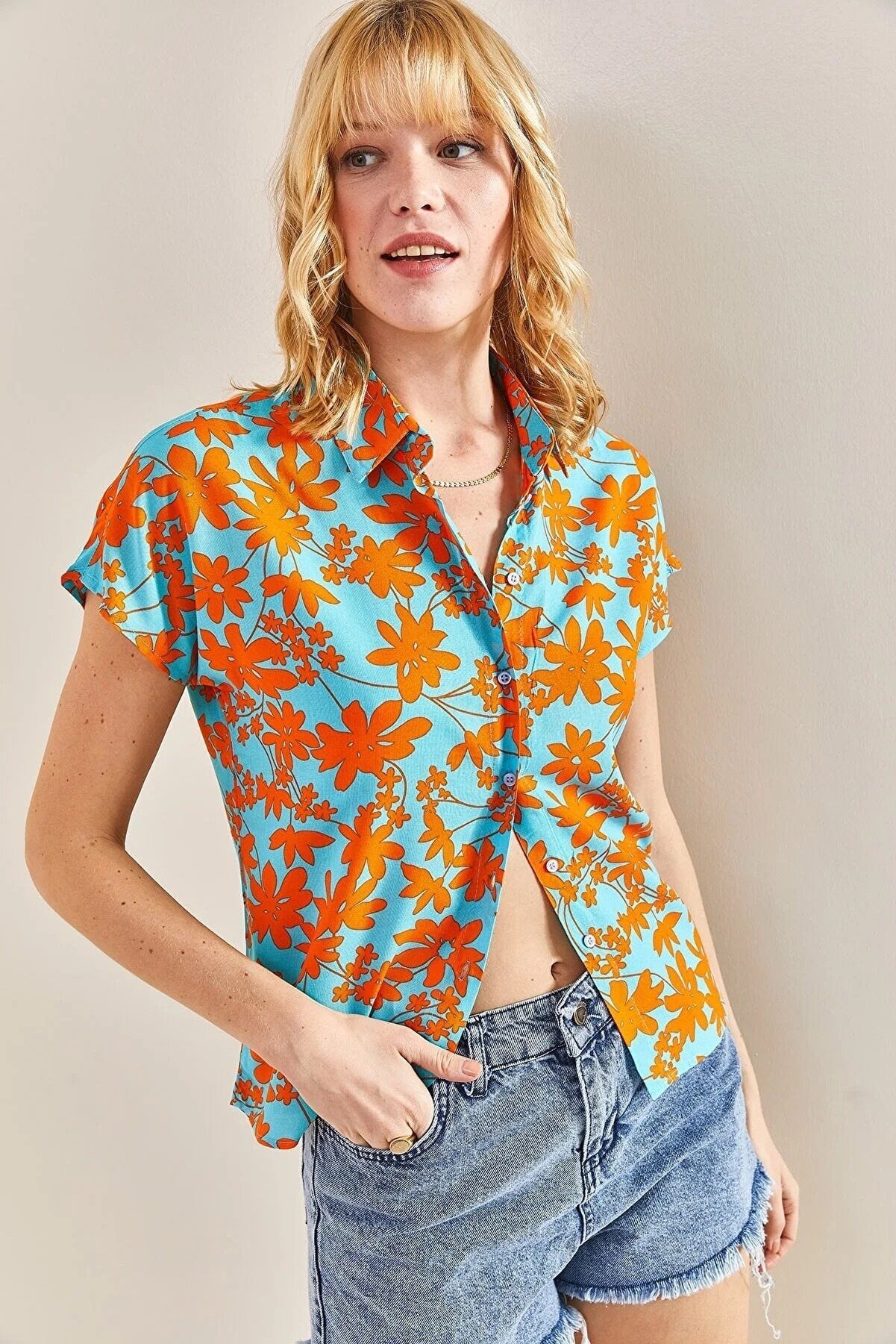 Orange Blue Floral Short Sleeve Blouse