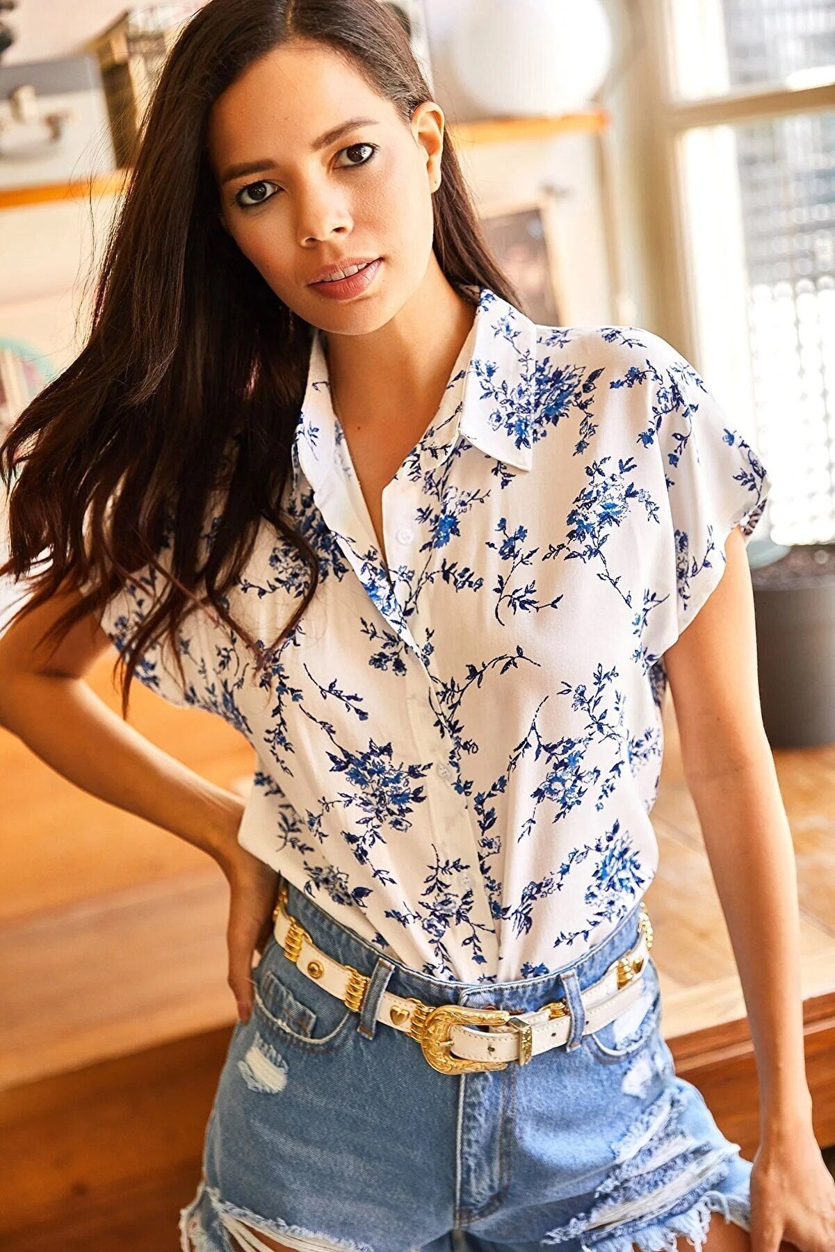 Mini Blue Floral Short Sleeve Blouse