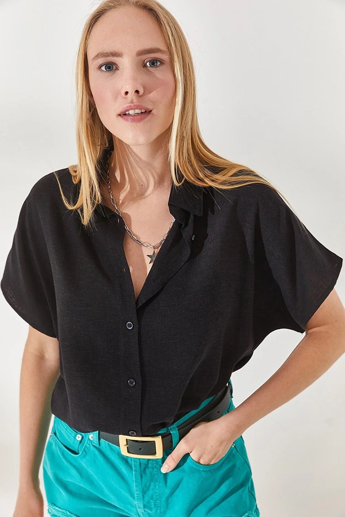 Black Cotton Short Sleeve Blouse