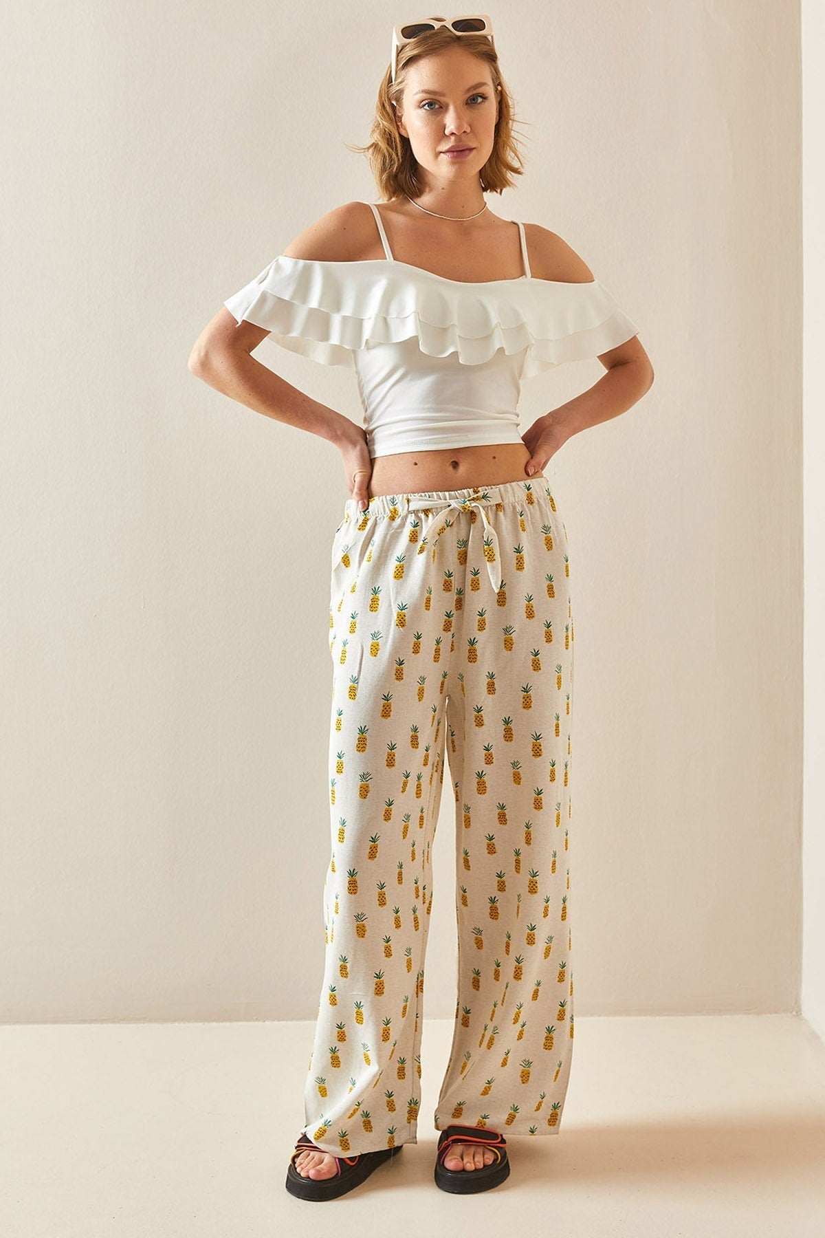 Pineapple Design Wide Leg Linen Pants