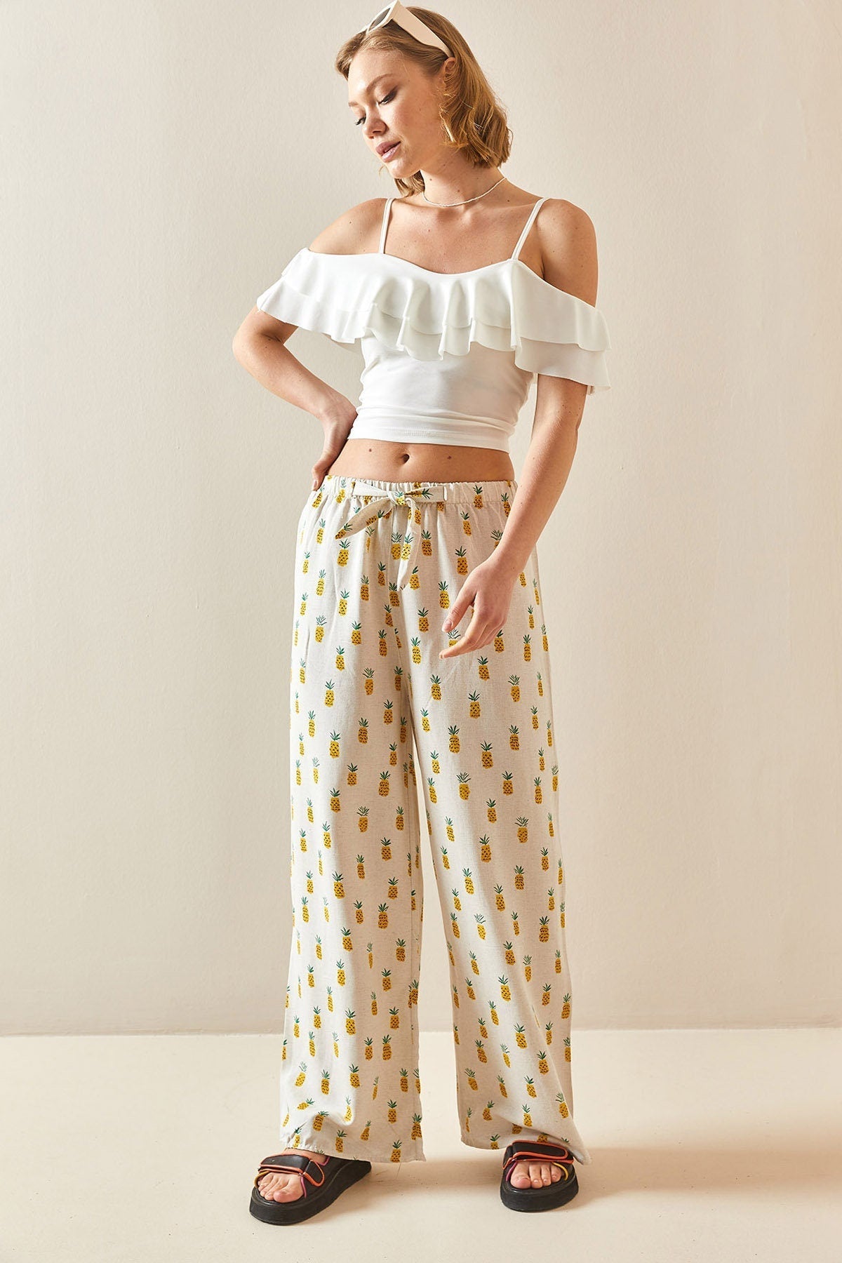 Pineapple Design Wide Leg Linen Pants