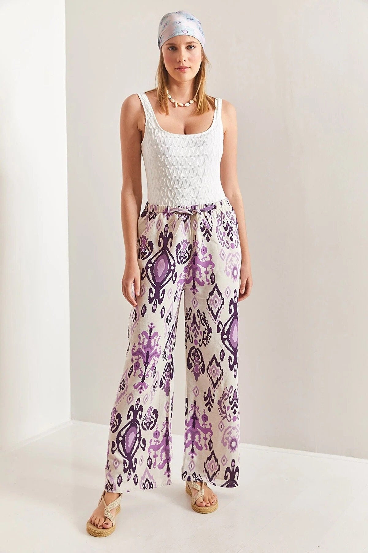 Purple Ethnic Design Wide Leg Linen Pants