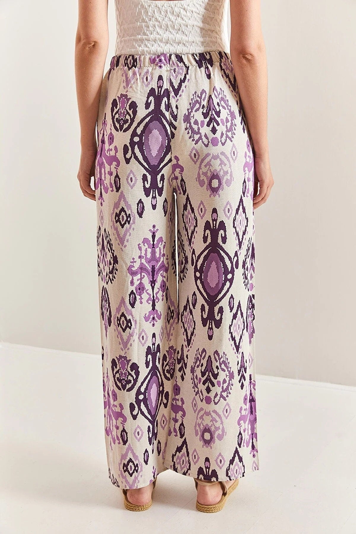 Purple Ethnic Design Wide Leg Linen Pants