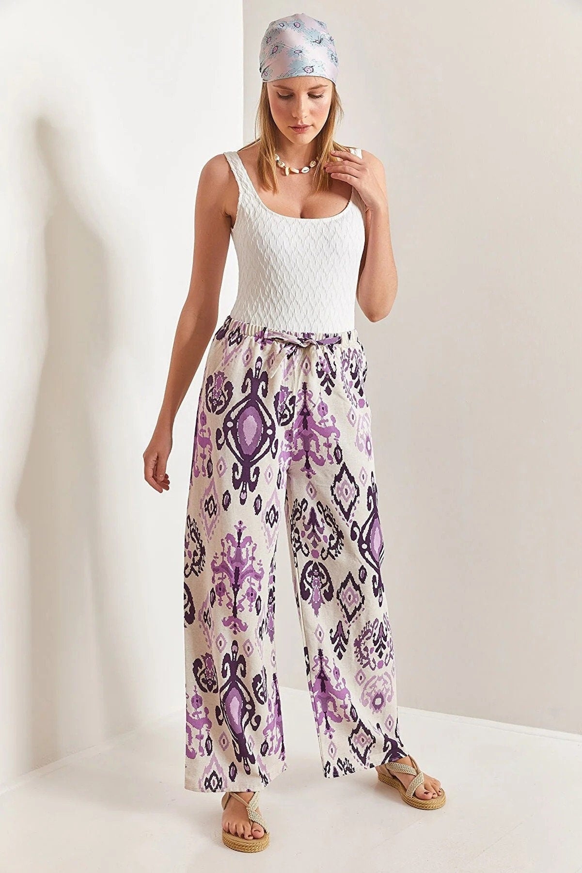 Purple Ethnic Design Wide Leg Linen Pants