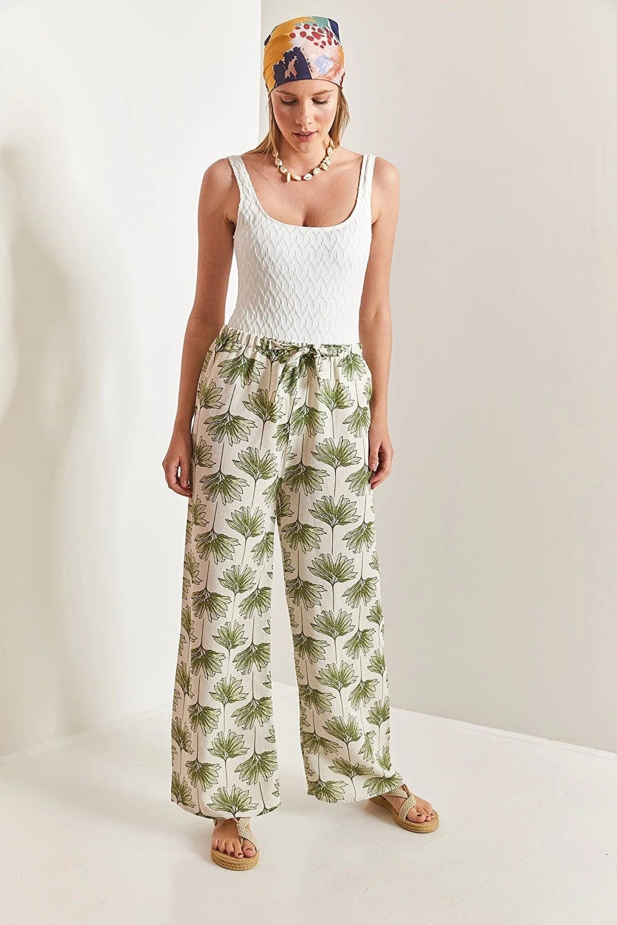 Blue Gingko Print Wide Leg Linen Pants