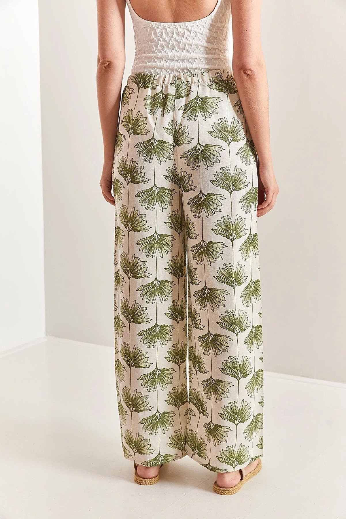 Blue Gingko Print Wide Leg Linen Pants