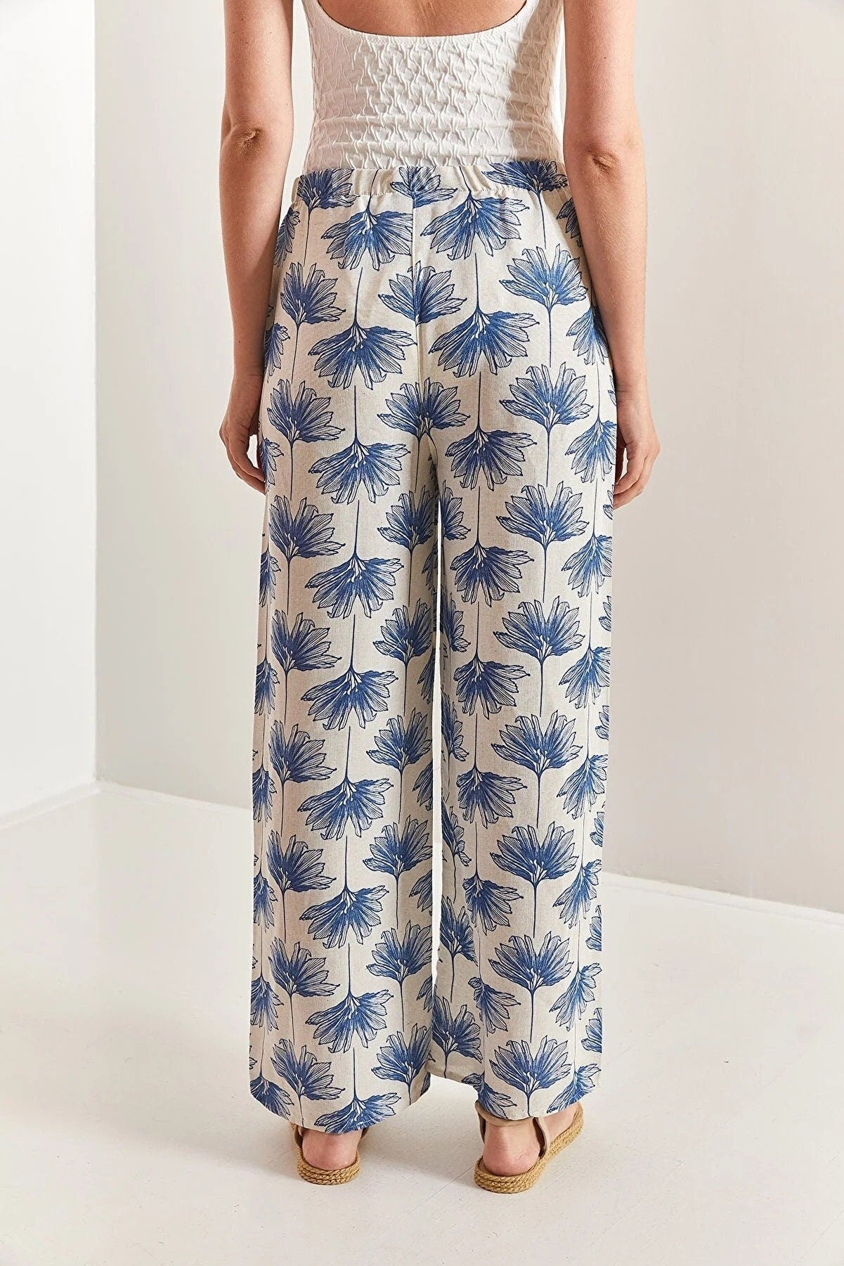 Blue Gingko Print Wide Leg Linen Pants