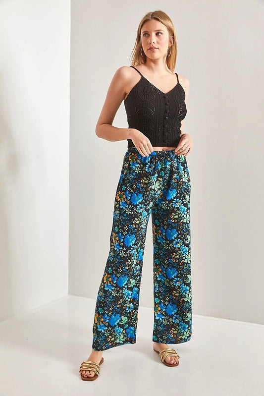 Blue Floral Wide Leg Linen Pants