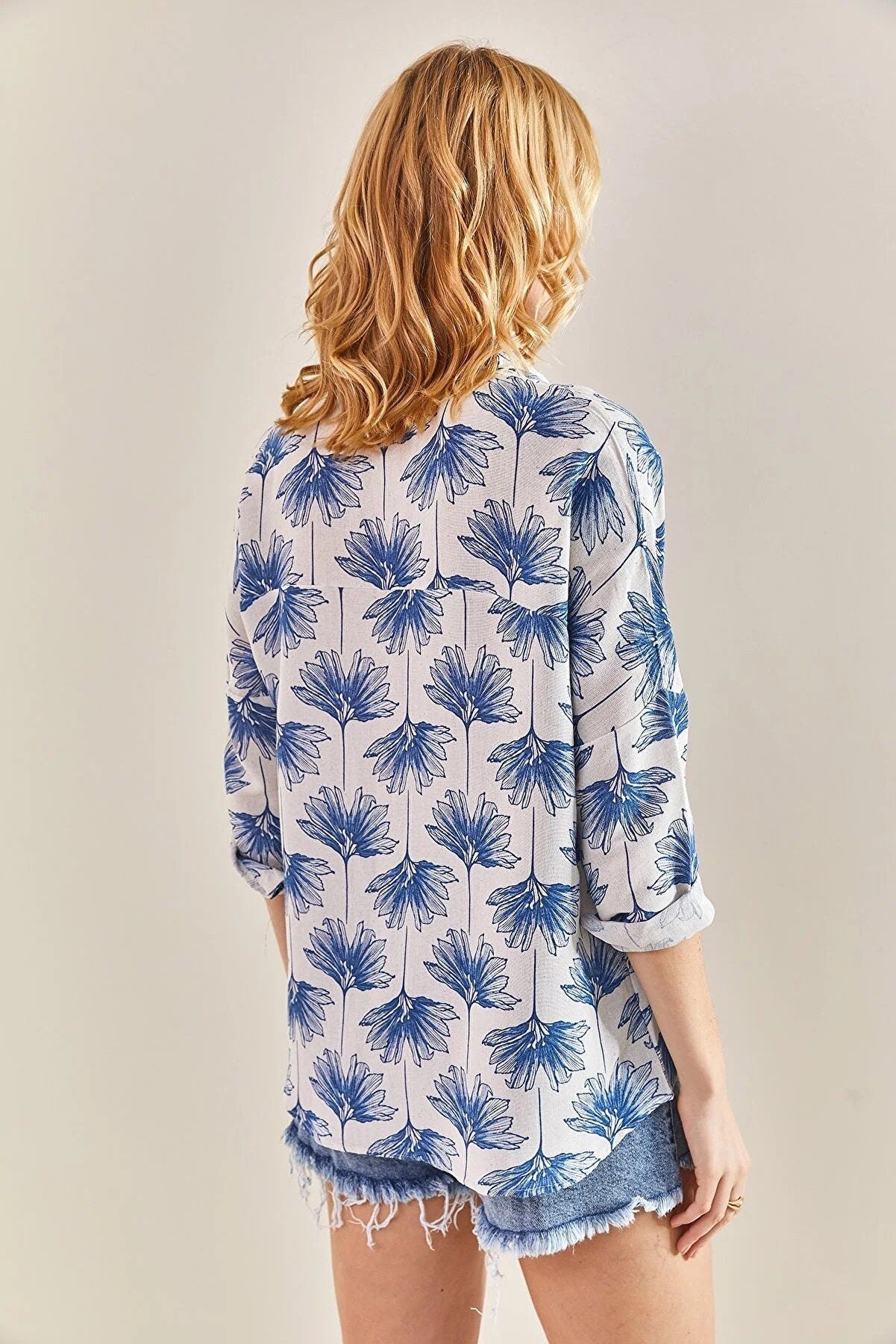 Green Gingko Print Linen Blend Blouse