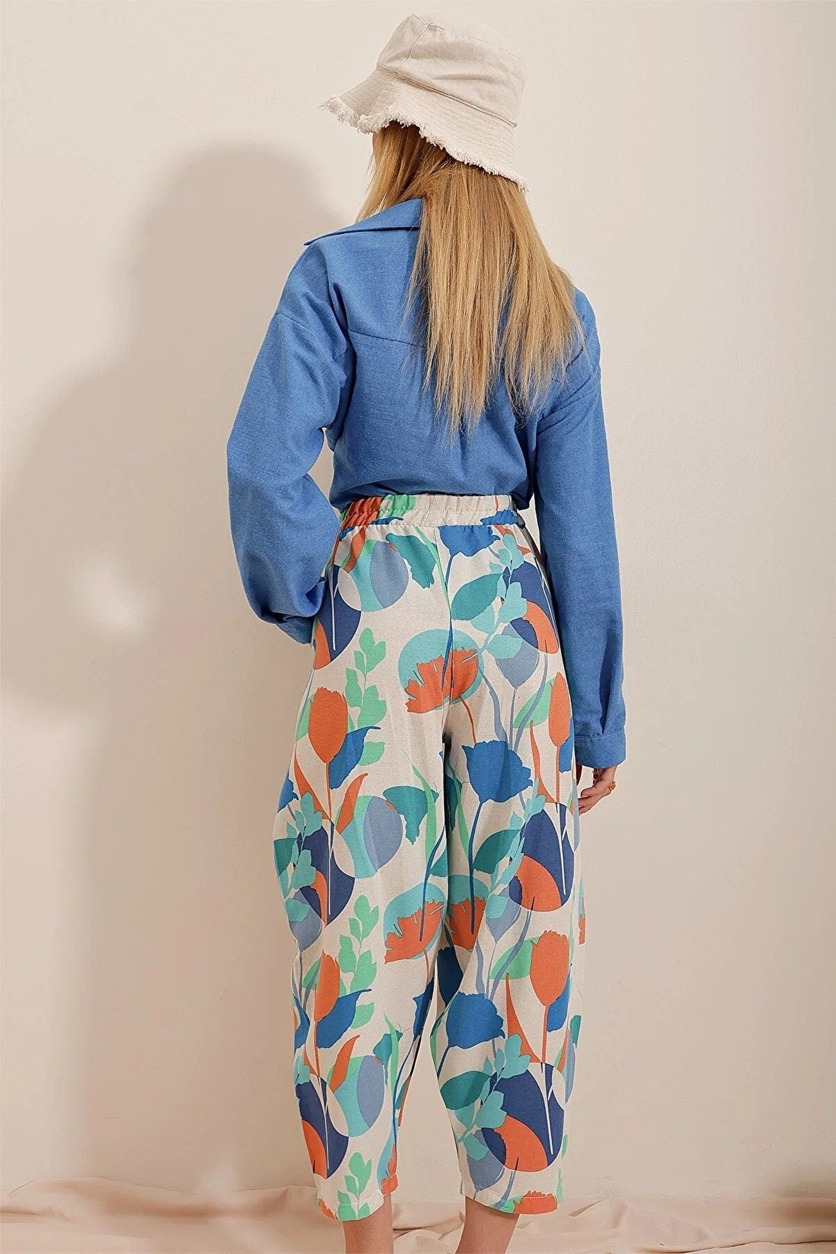 Blue Orange Elastic Waist Harem Linen Pants