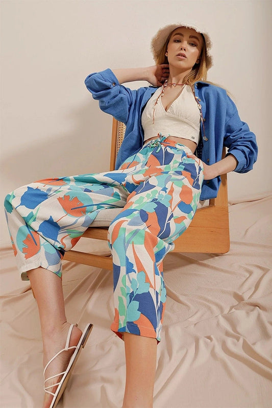 Blue Orange Elastic Waist Harem Linen Pants