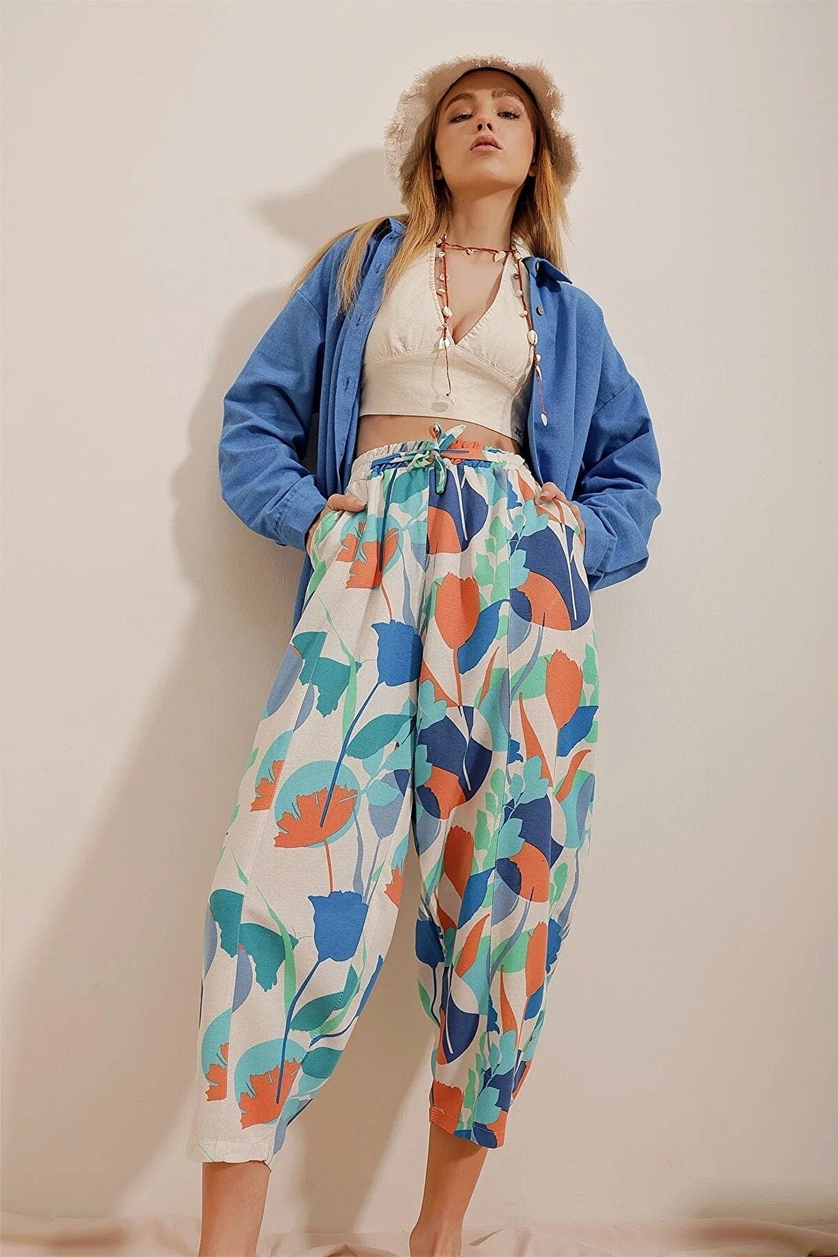 Blue Orange Elastic Waist Harem Linen Pants