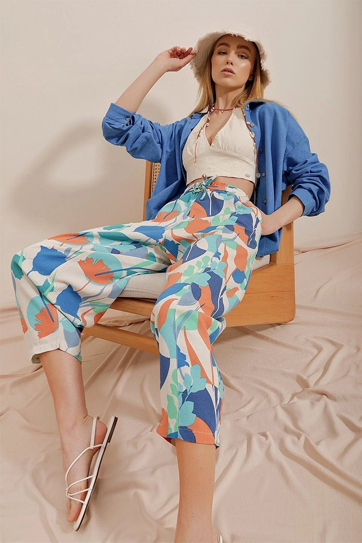 Blue Orange Elastic Waist Harem Linen Pants