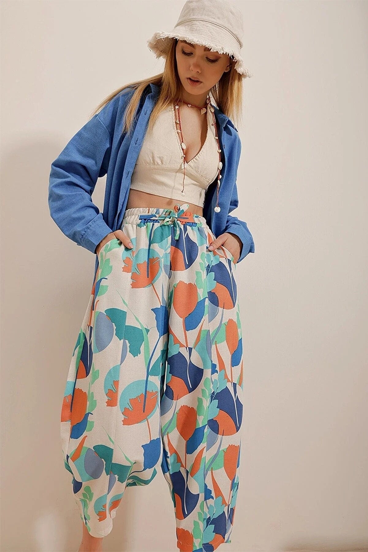 Blue Orange Elastic Waist Harem Linen Pants