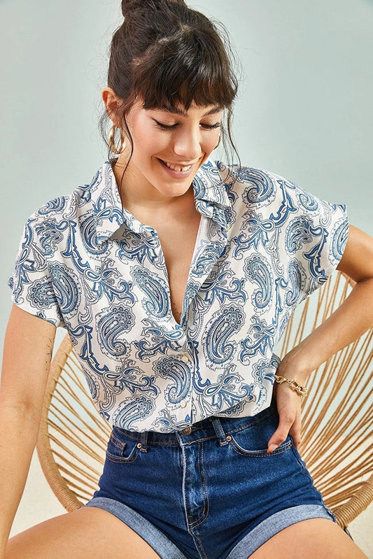 Blue Paisley Design Short Sleeve Button Down Blouse