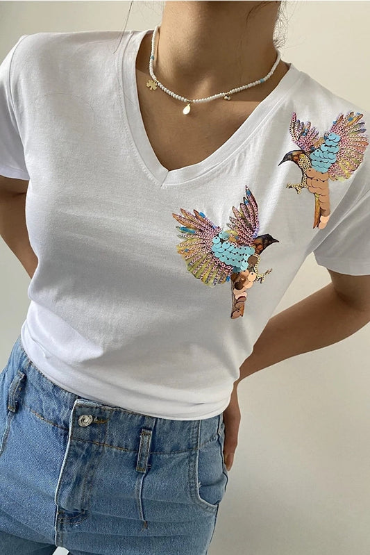 Bird Embroidered Cotton Short Sleeve T-Shirt