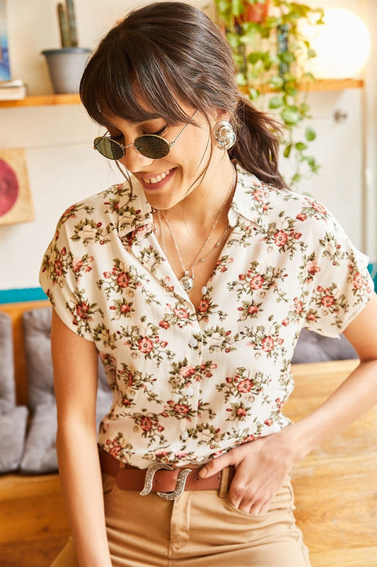 Soft Orange Floral Short Sleeve Blouse