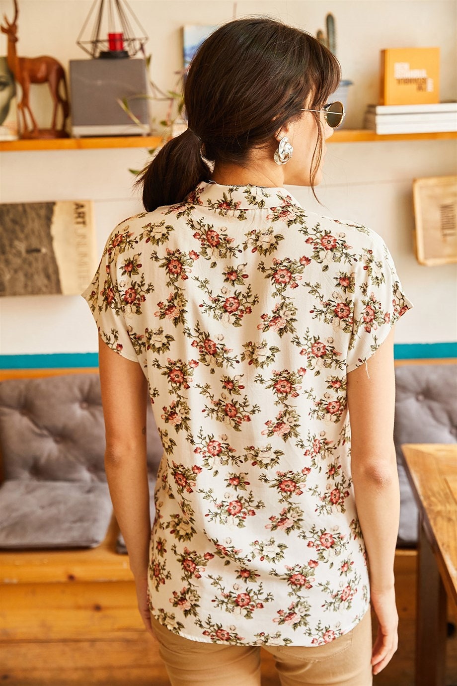 Soft Orange Floral Short Sleeve Blouse