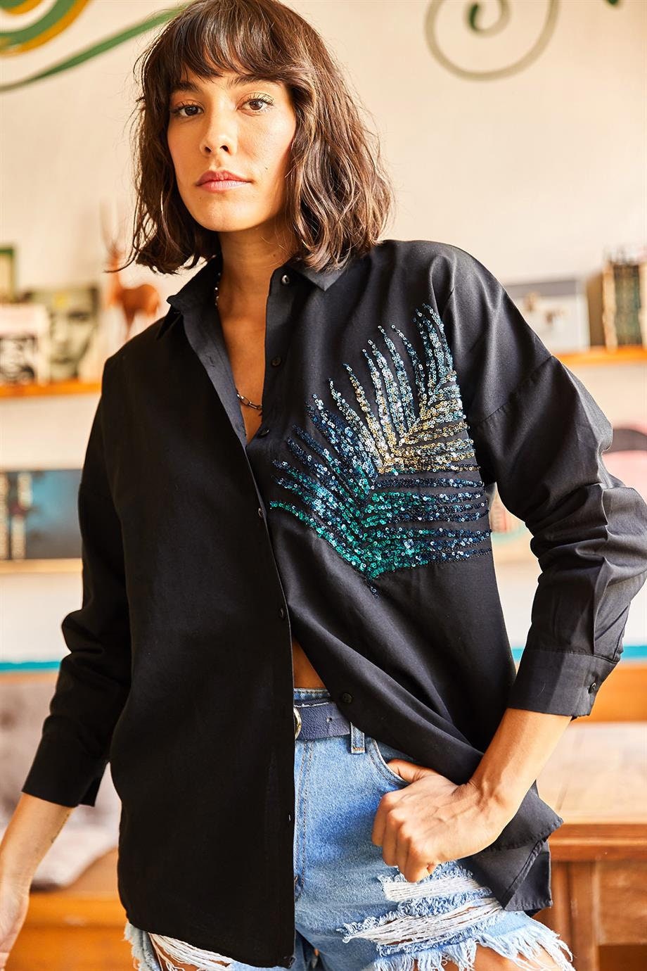 Black Palm Sequin Oversize Blouse