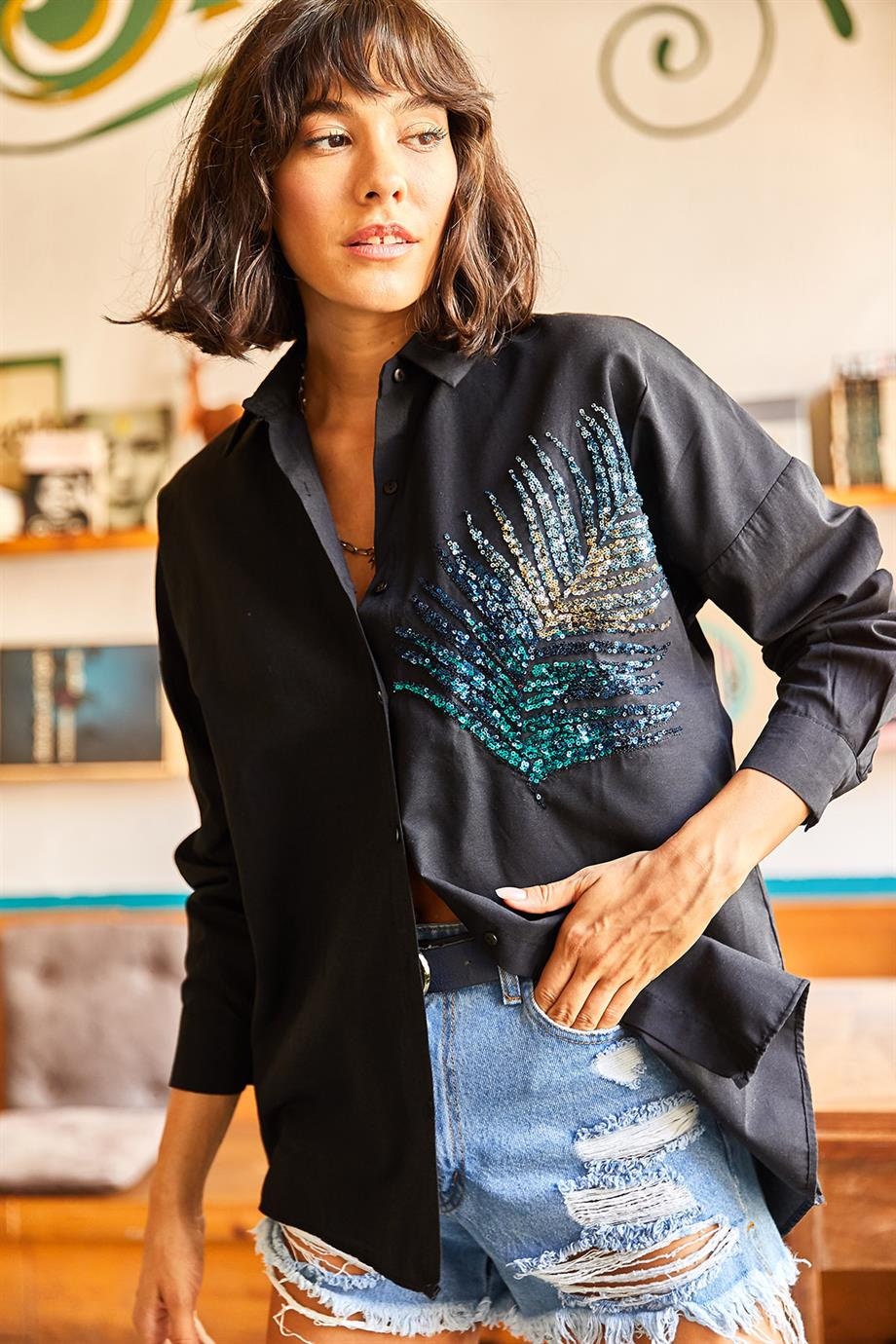 Black Palm Sequin Oversize Blouse