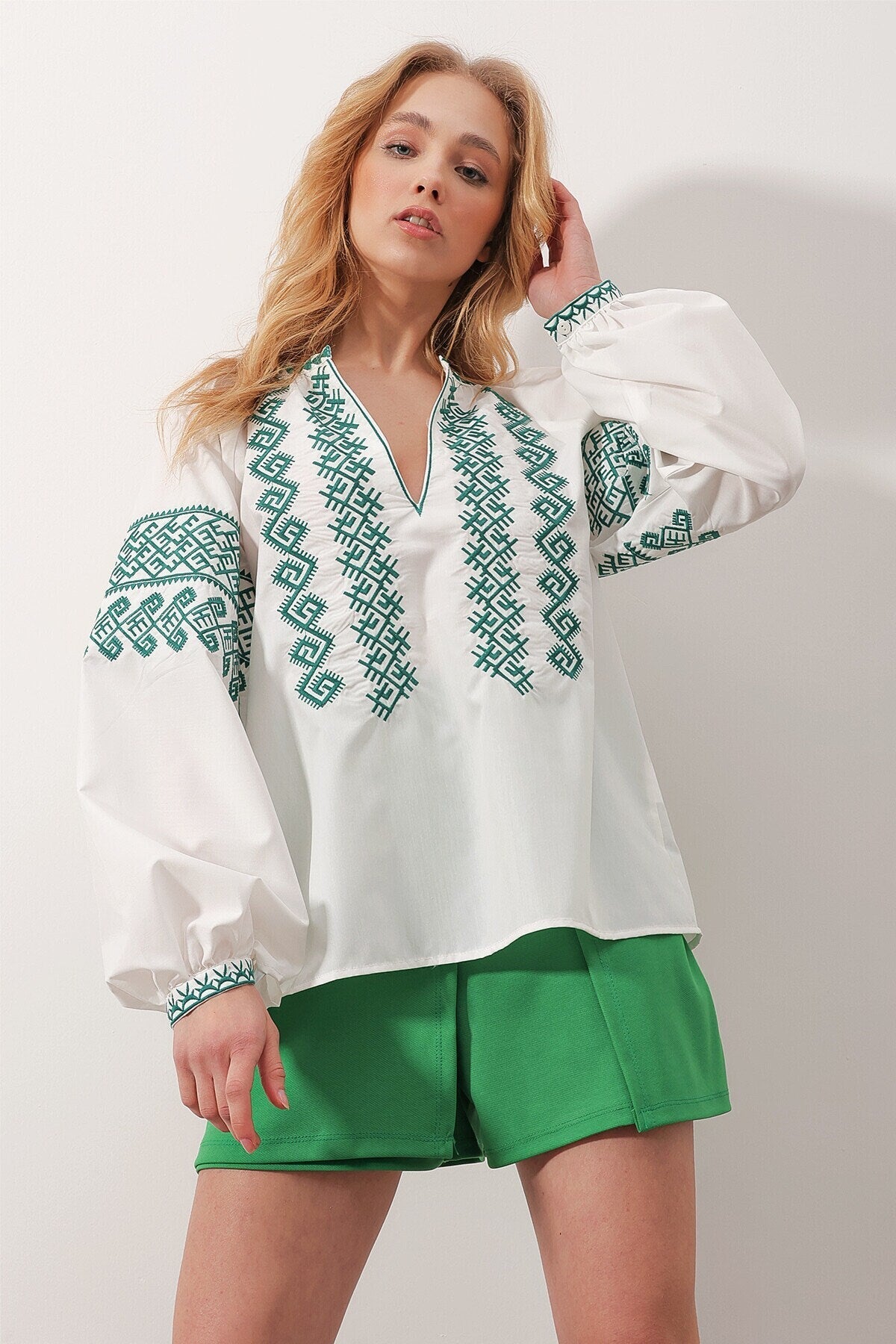 Green Embroidered Cotton White Ukrainian Shirt