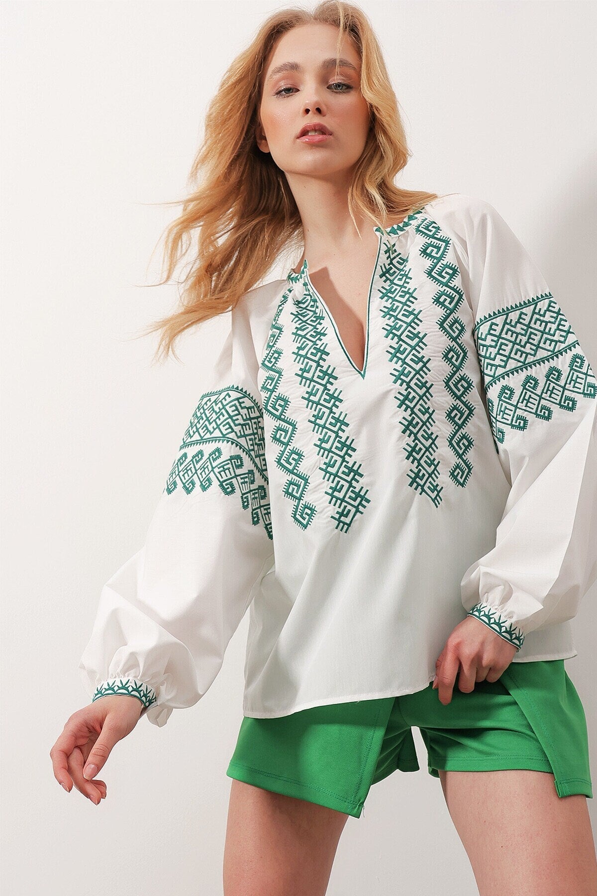 Green Embroidered Cotton White Ukrainian Shirt