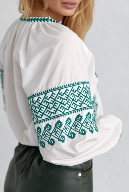 Green Embroidered Cotton White Ukrainian Shirt