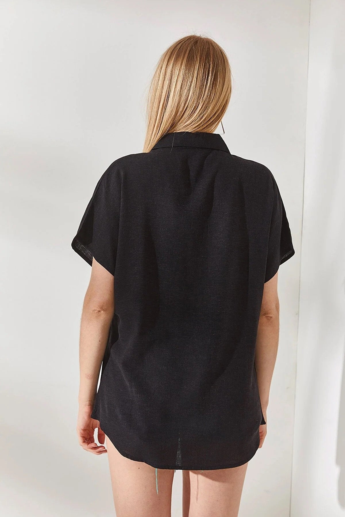 Black Cotton Short Sleeve Blouse