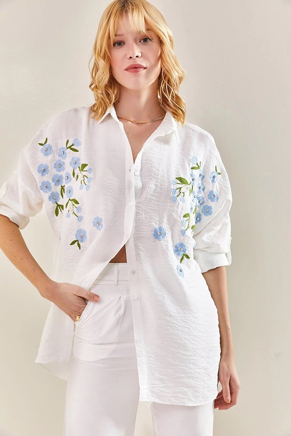 Soft Blue Floral Embroidered White Linen Blouse