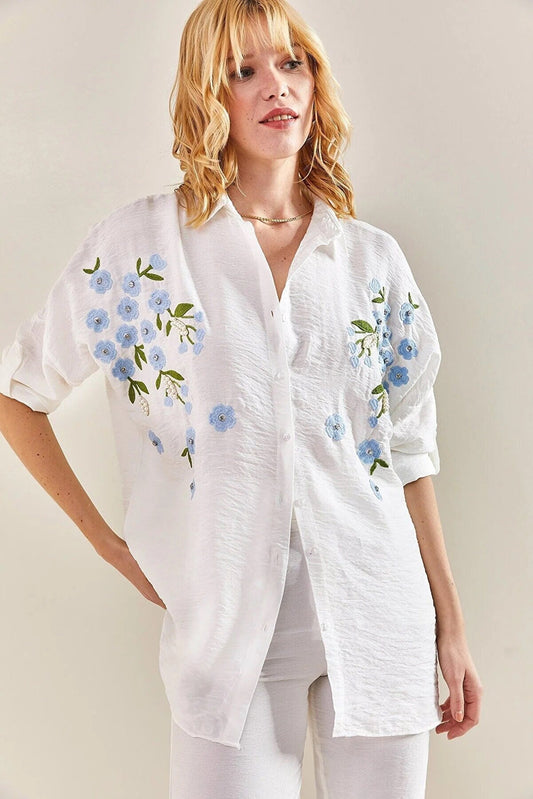 Soft Blue Floral Embroidered White Linen Blouse