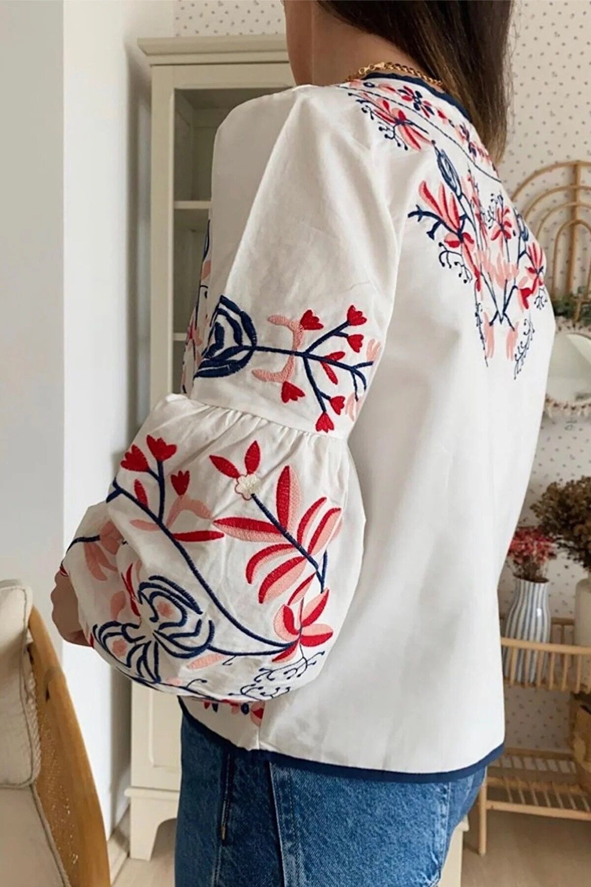 Floral Embroidered Bishop Sleeve Jacket