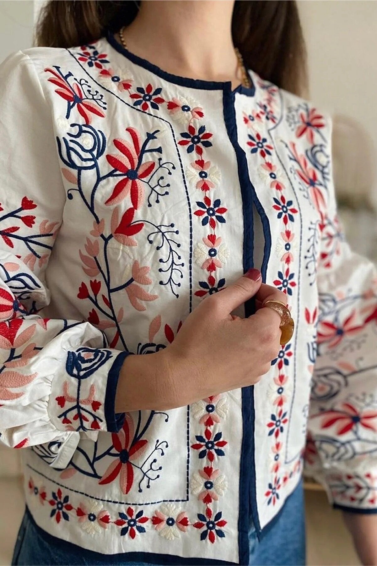 Floral Embroidered Bishop Sleeve Jacket