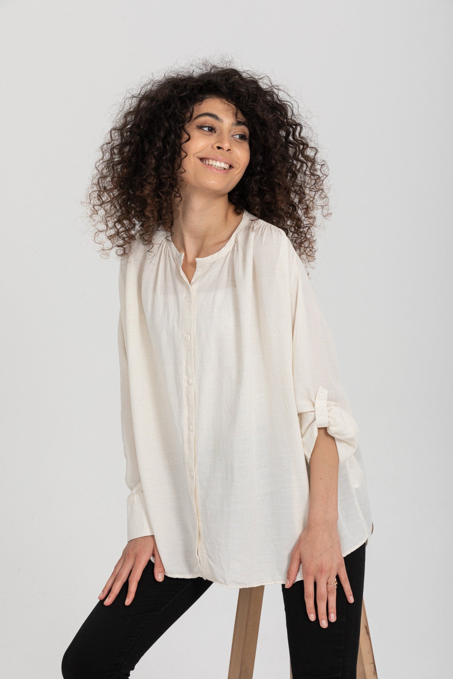 Classic Ivory Linen Blend Blouse