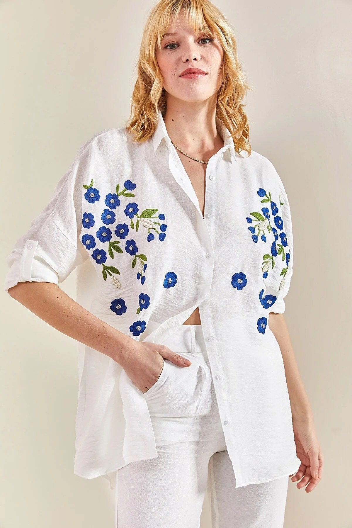 Soft Blue Floral Embroidered White Linen Blouse