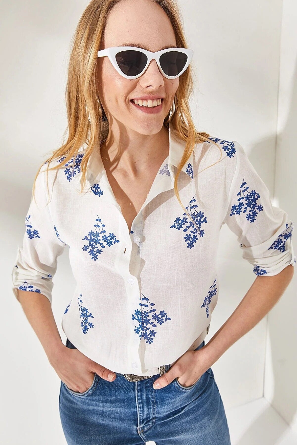 Blue Leaf Print Linen White Blouse