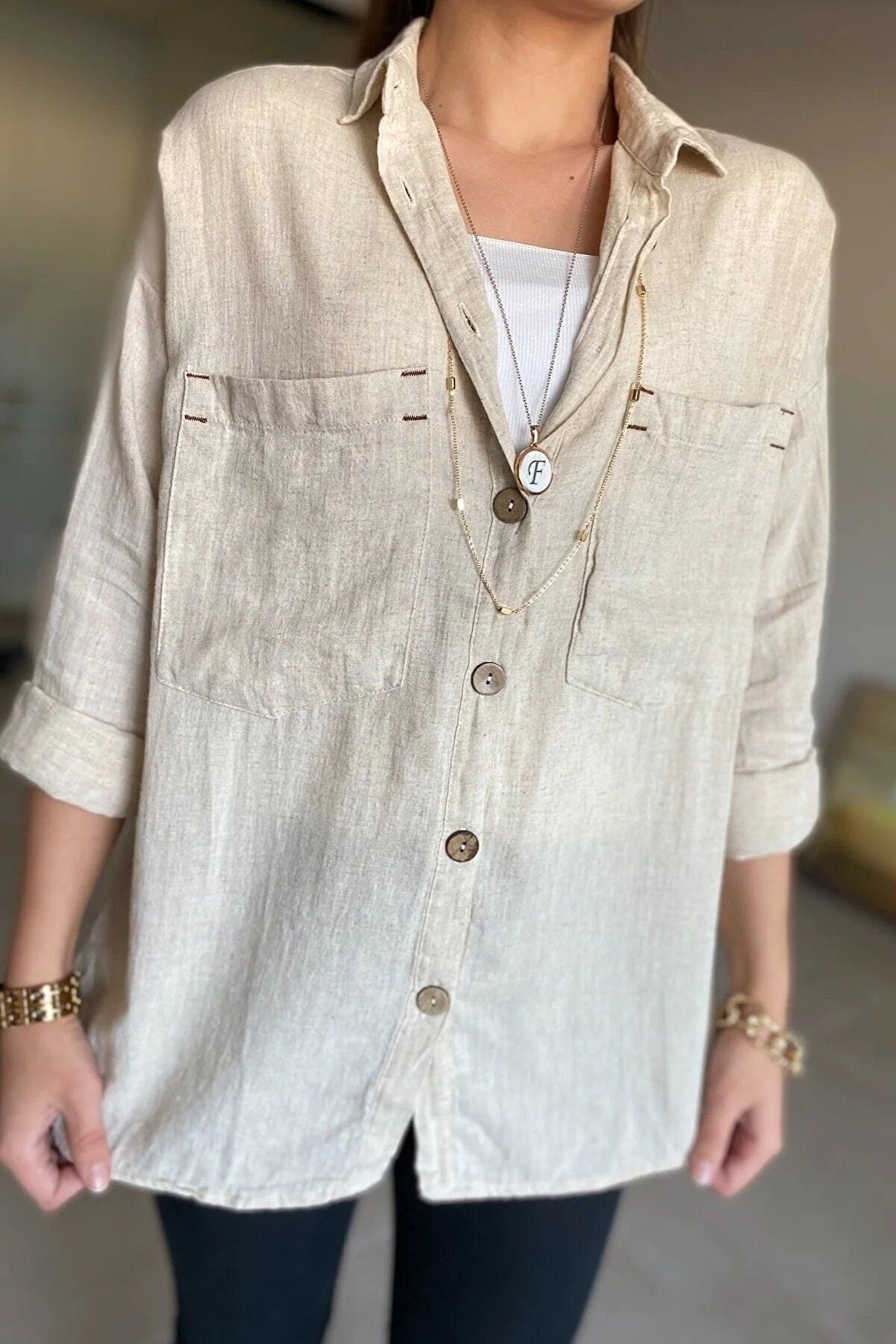 Long Sleeved Cotton Linen Blend Blouse