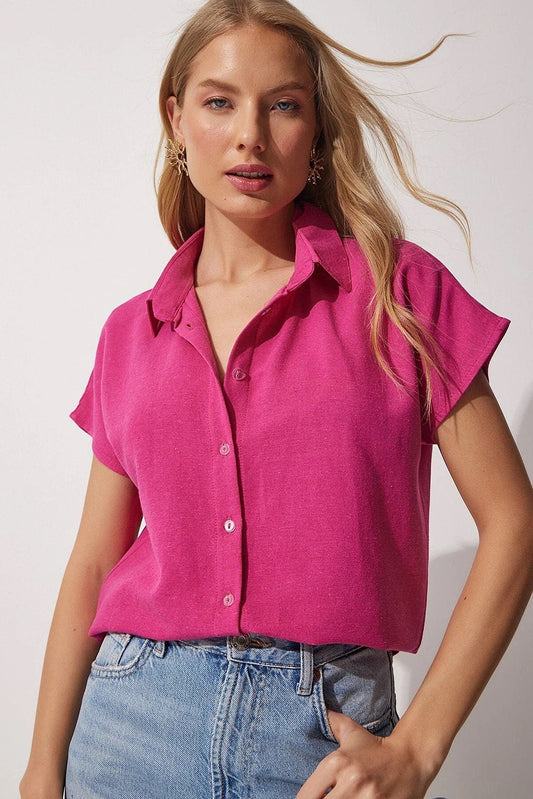 Camisa de lino fucsia de manga corta con botones