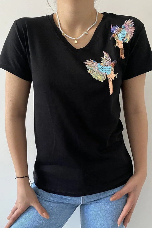 Camiseta de manga corta de algodón con bordado de pájaro - Negra