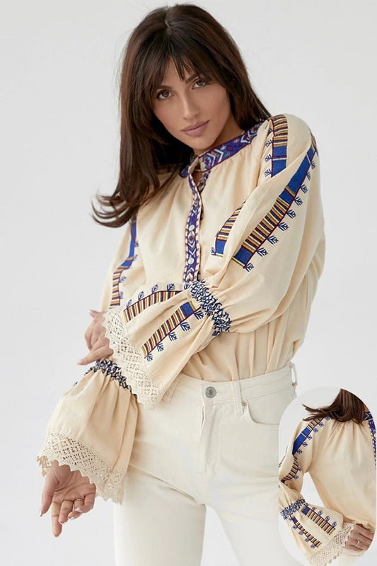 Ethnic Blue Embroidered Angel Sleeve Cotton Blouse