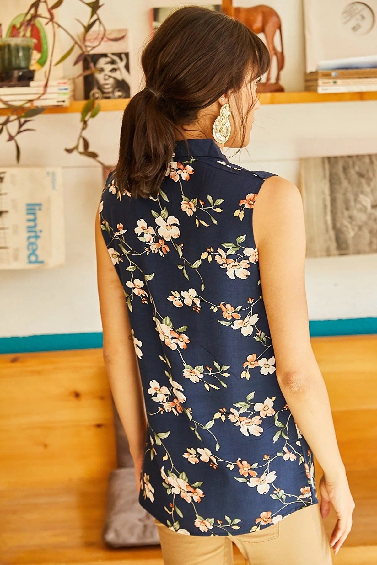 Navy Floral Sleeveless Button Down Shirt