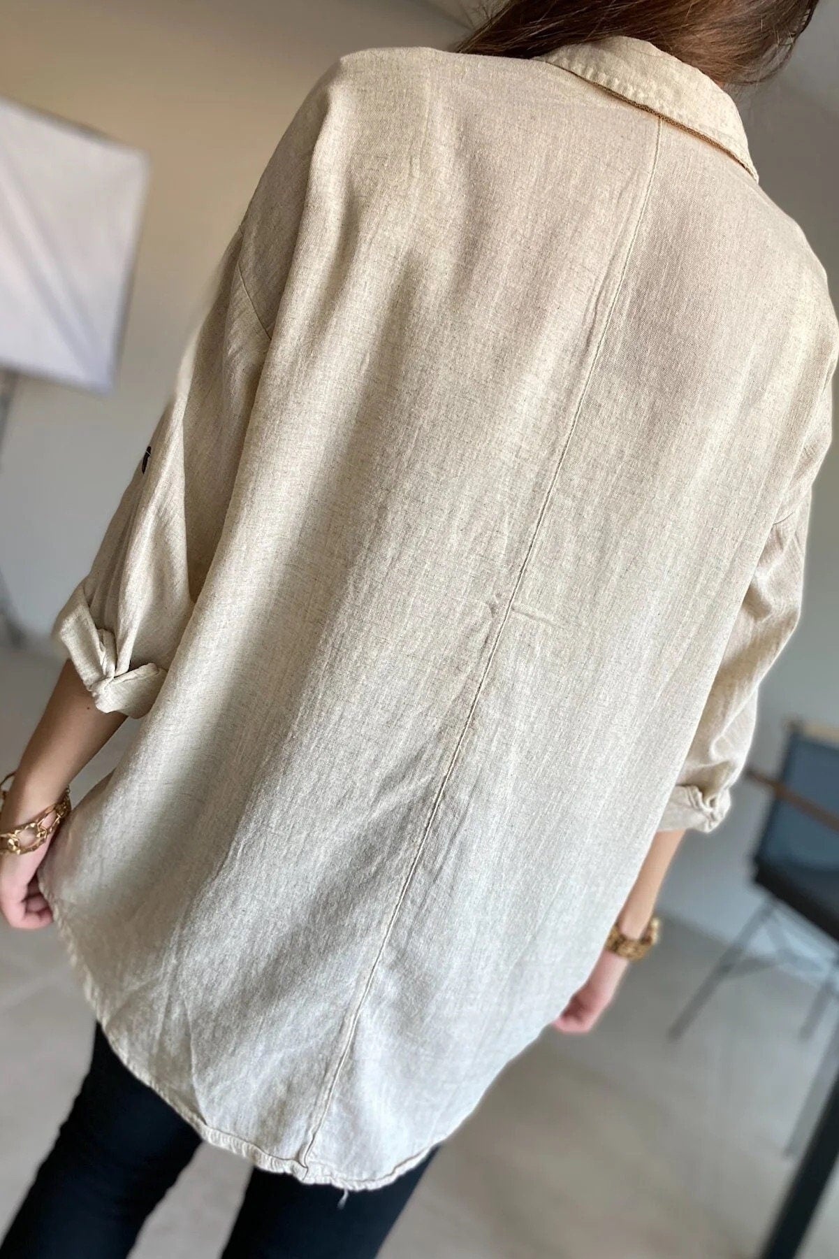 Long Sleeved Cotton Linen Blend Blouse