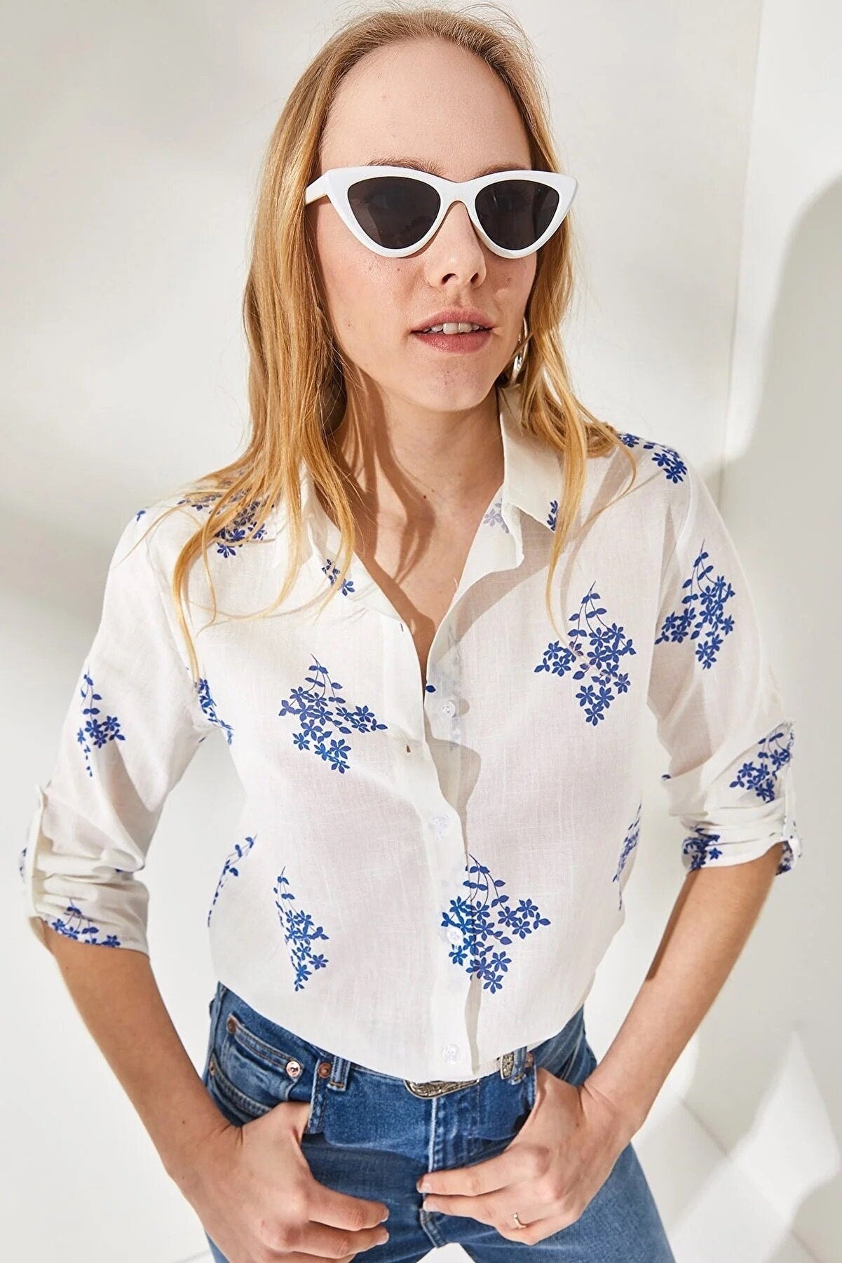 Blue Leaf Print Linen White Blouse