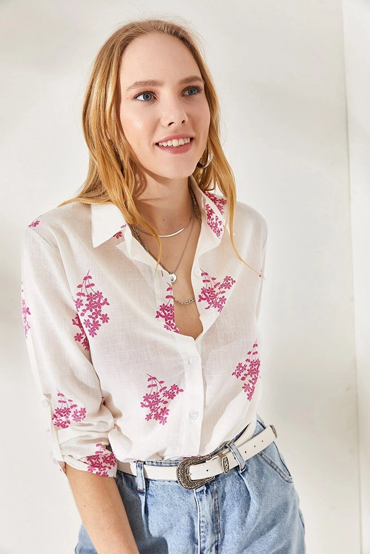 Blue Leaf Print Linen White Blouse