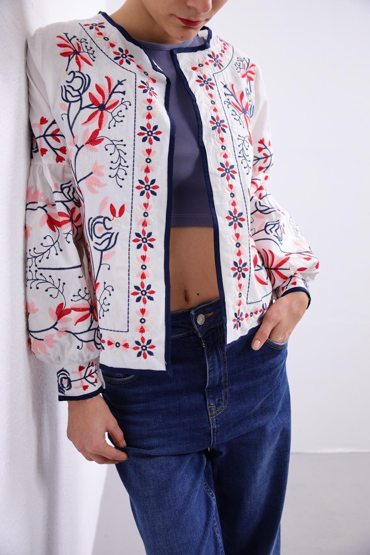 Floral Embroidered Bishop Sleeve Jacket