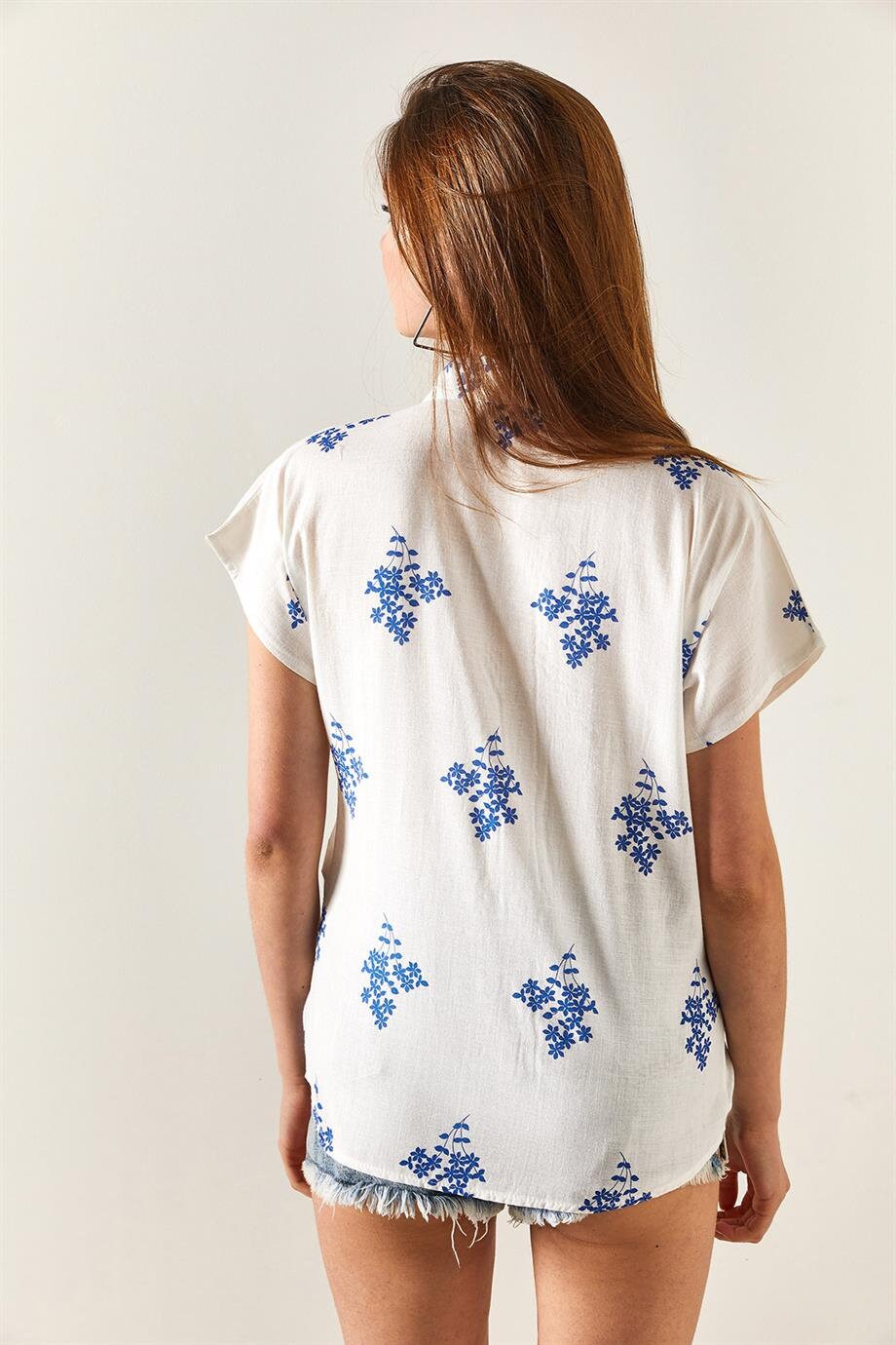 Designer Floral Linen Short Sleeve Blouse