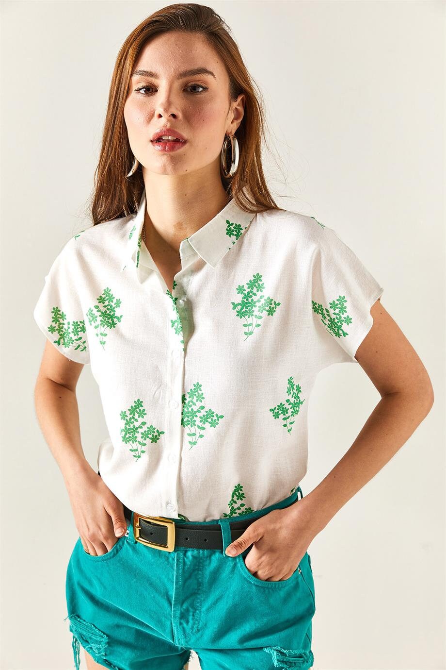 Designer Floral Linen Short Sleeve Blouse