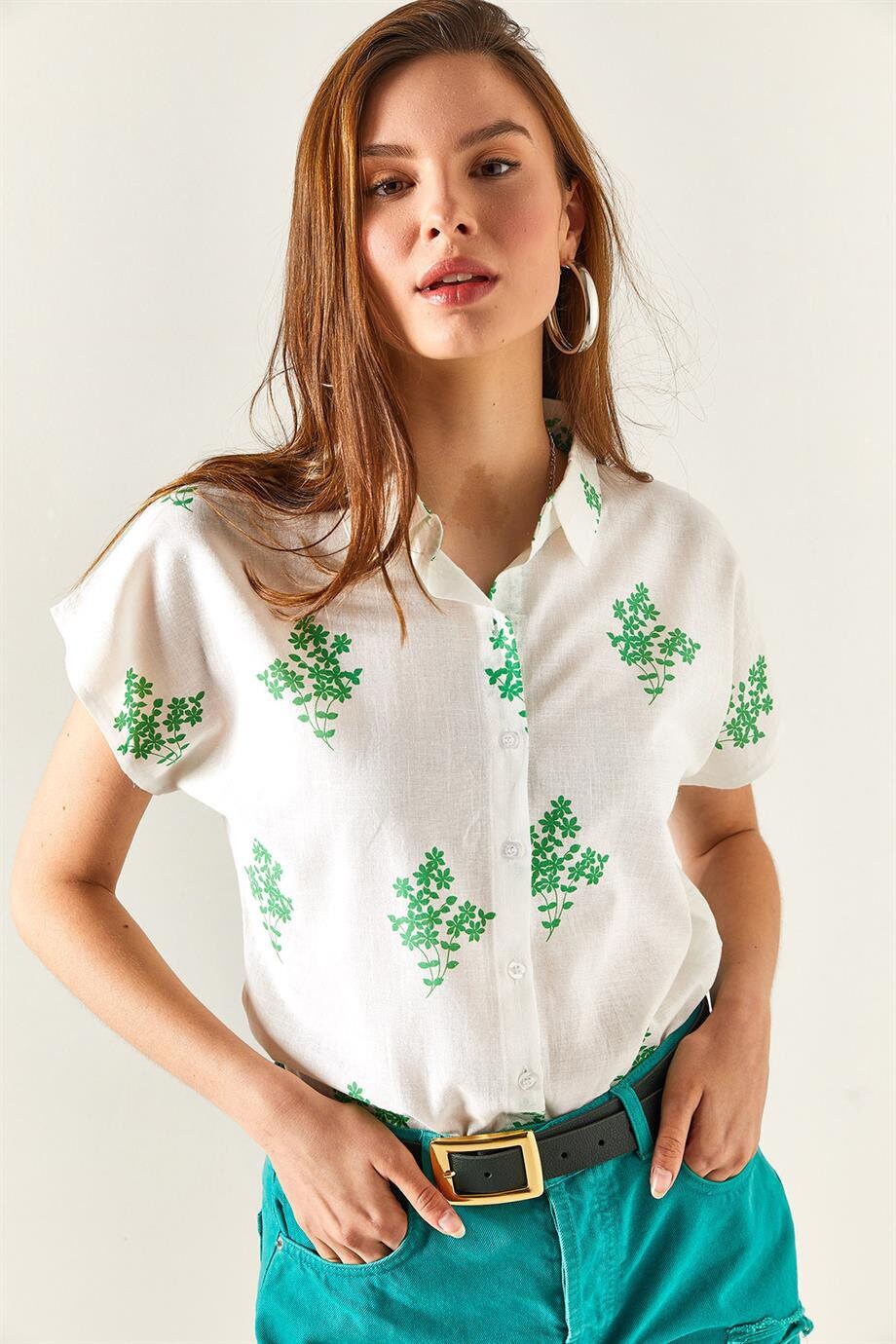 Designer Floral Linen Short Sleeve Blouse