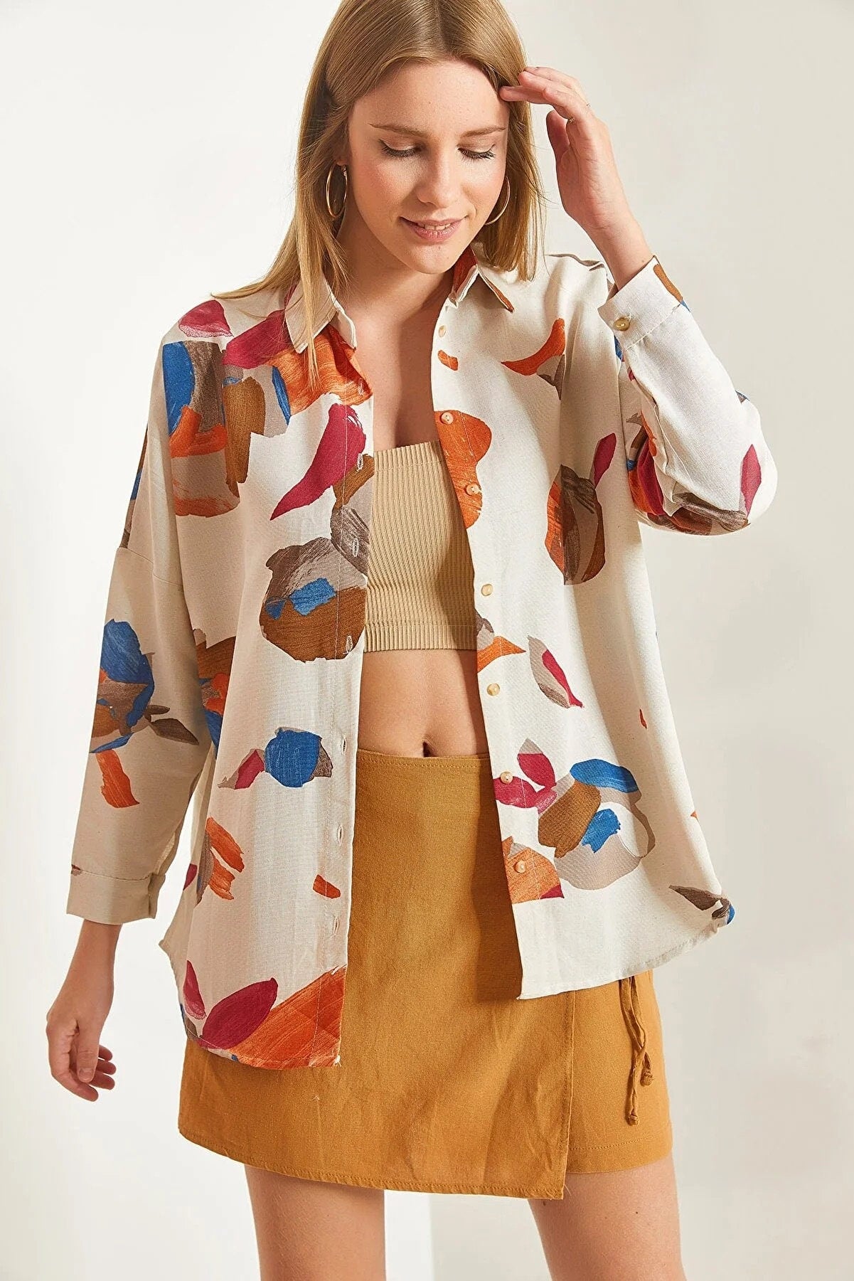 Palette Print Linen Long Sleeved Blouse