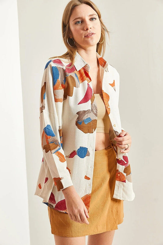 Palette Print Linen Long Sleeved Blouse