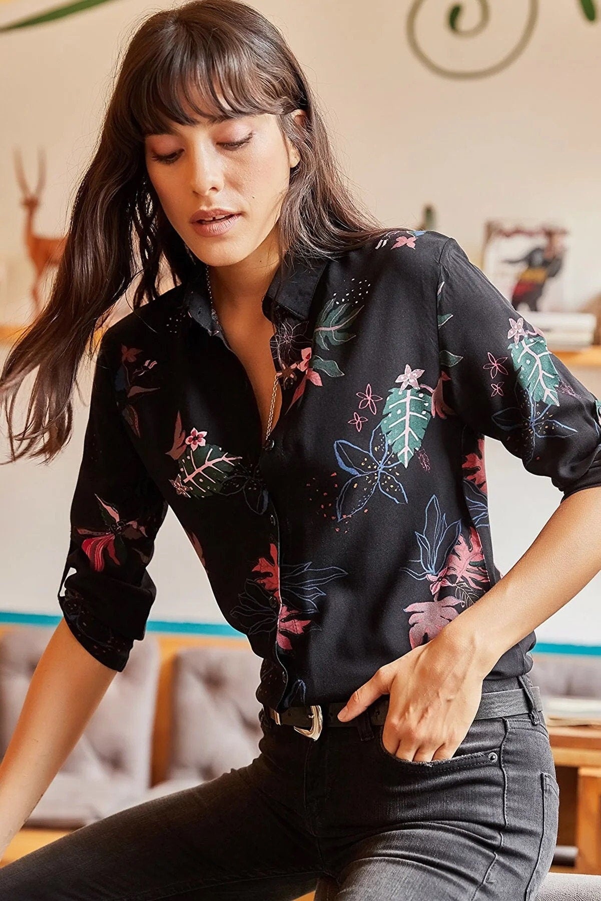 Black Floral Button Down Blouse